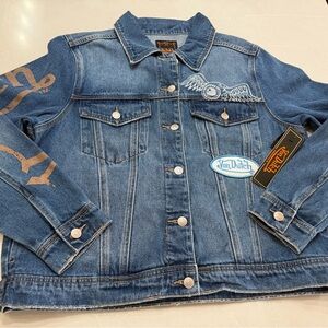 NWT Von Dutch Y2K Grunge Jean Jacket with Embroidery/Patches, Large